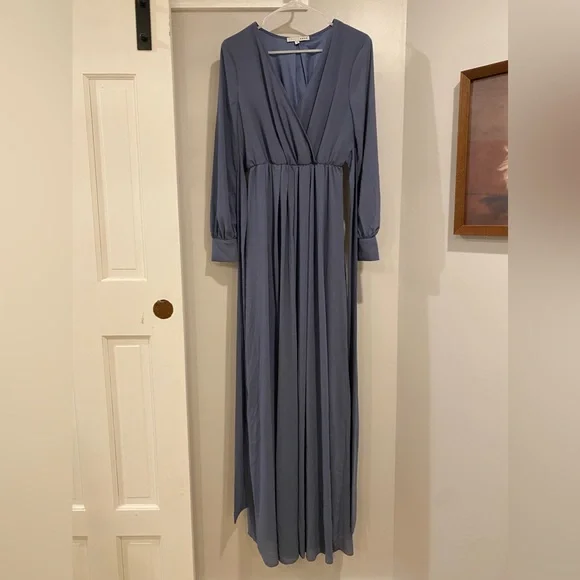 slate blue maxi dress BABARONI Deep V-neck Empire Waist Chiffon Long Dress-Slate Blue, Slate Blue / US0 main image 0